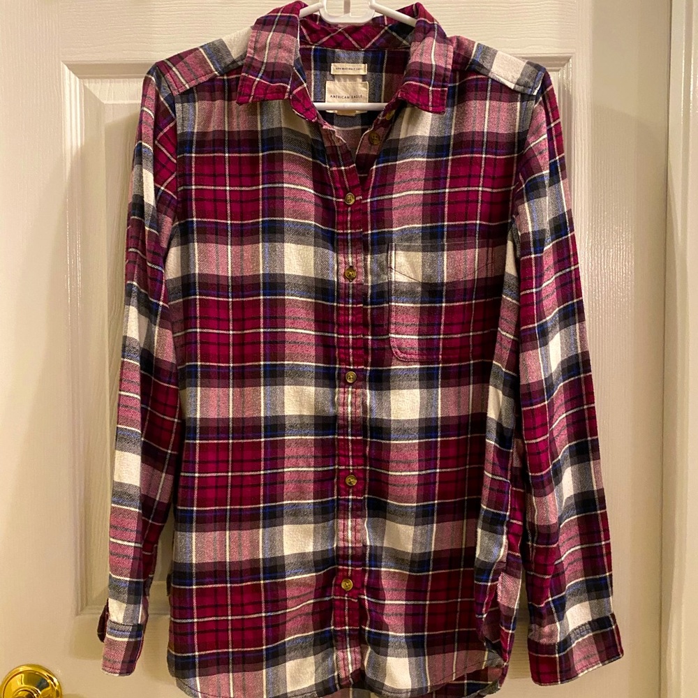 American Eagle Boyfriend Fit Flannel Shirt Purple Plaid - S - AHH-mazingly Soft